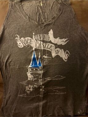 Gray Graphic Tank with Castle Print and Blue Accents